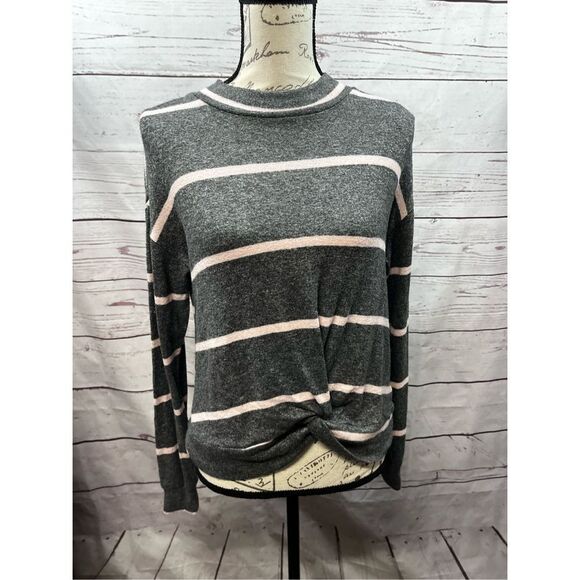 June & Hudson Gray Striped Twist Front Long Sleeve Top, Casual Crewneck Pullover - Picture 1 of 5